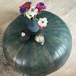 Pouf marocain entièrement cousu à la main Cuir végétal Coloration naturelle Cuir de qualité exceptionnelle vert patiné